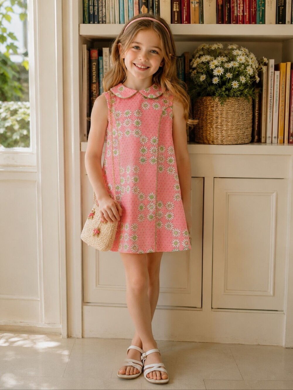 Vintage 70s Girls Pink Daisy Peter Pan Collar Mod Dress Size 6/7